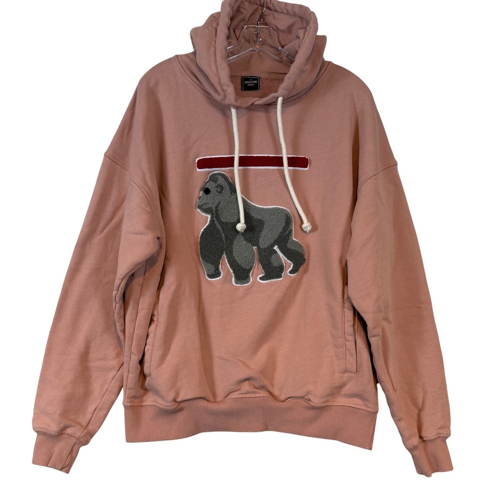 RawGear Mens Pink Chenille Gorilla Graphic Pullover Hoodie Medium Relaxed Fit